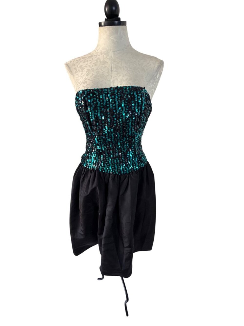 Vintage Womens Glittering Sequins Back Bow Hi Low Party Dress Size XS Teal Black